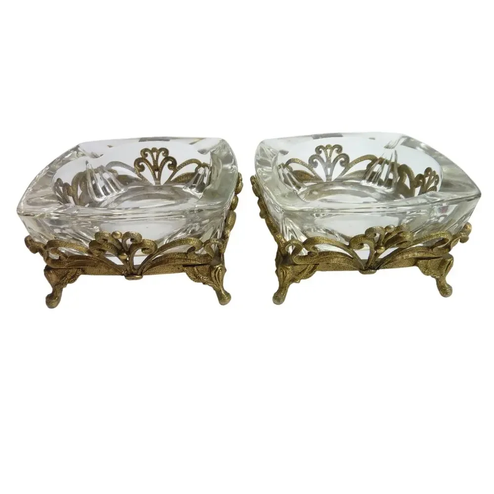 Vintage Hollywood Regency Glass Ashtrays Gold Filigree Jewelry Trinket Dishes